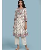 Off White Floral Print Kurta