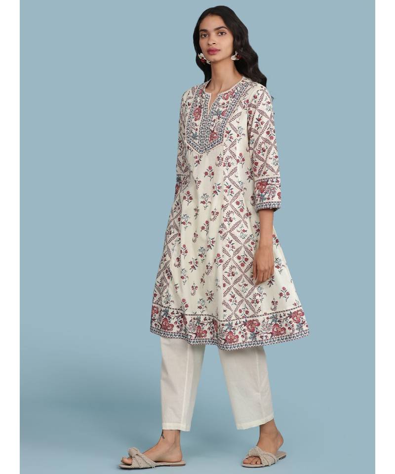 Off White Floral Print Kurta