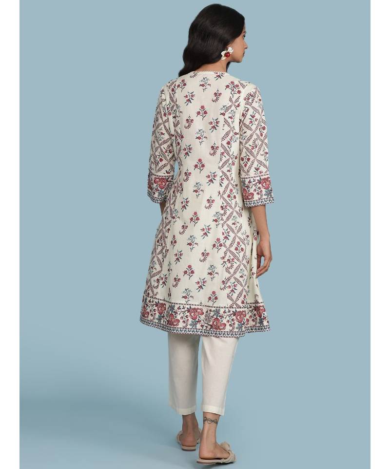 Off White Floral Print Kurta