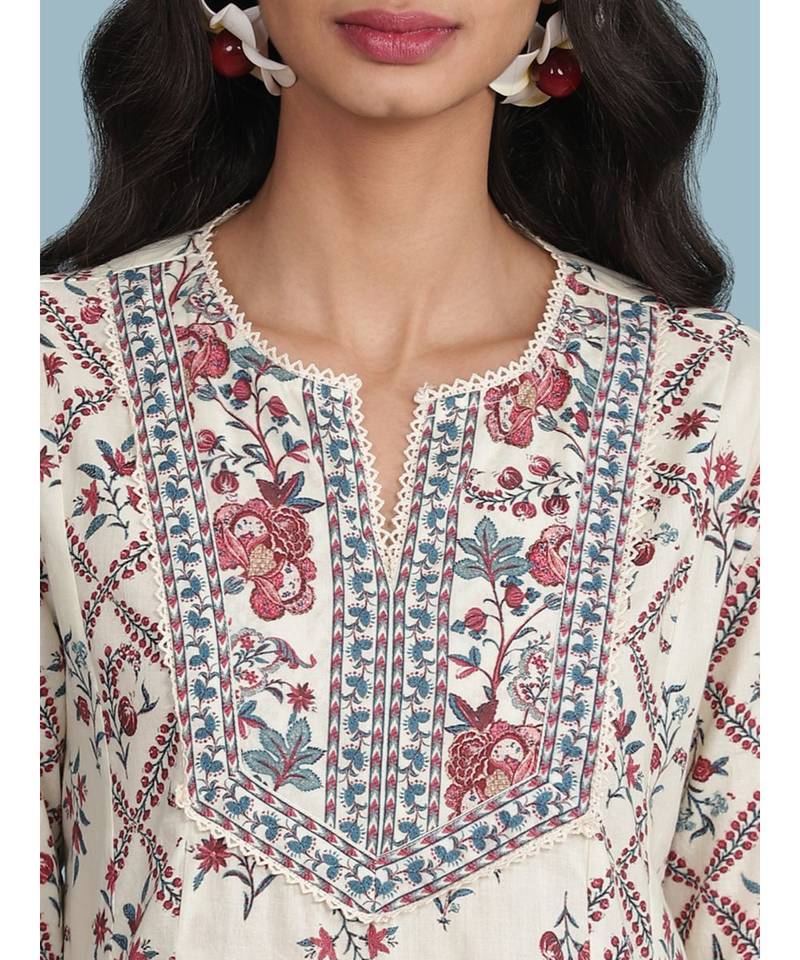 Off White Floral Print Kurta