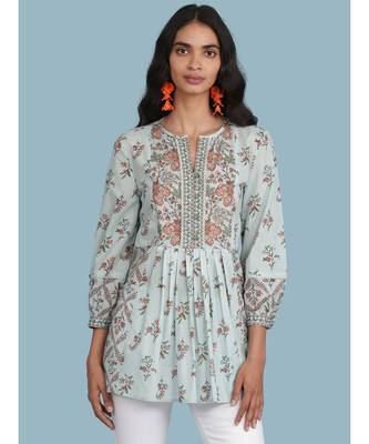 Powder Green Floral Print Kurti 1