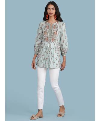 Powder Green Floral Print Kurti 5