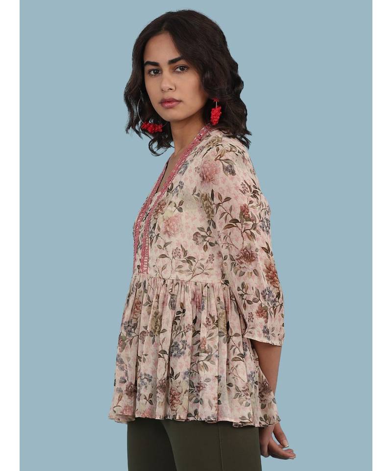 Baby Pink Floral Print 3/4 Sleeve Kurti