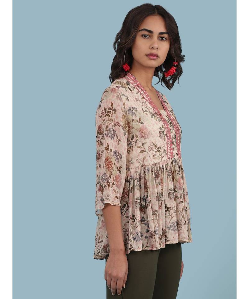 Baby Pink Floral Print 3/4 Sleeve Kurti