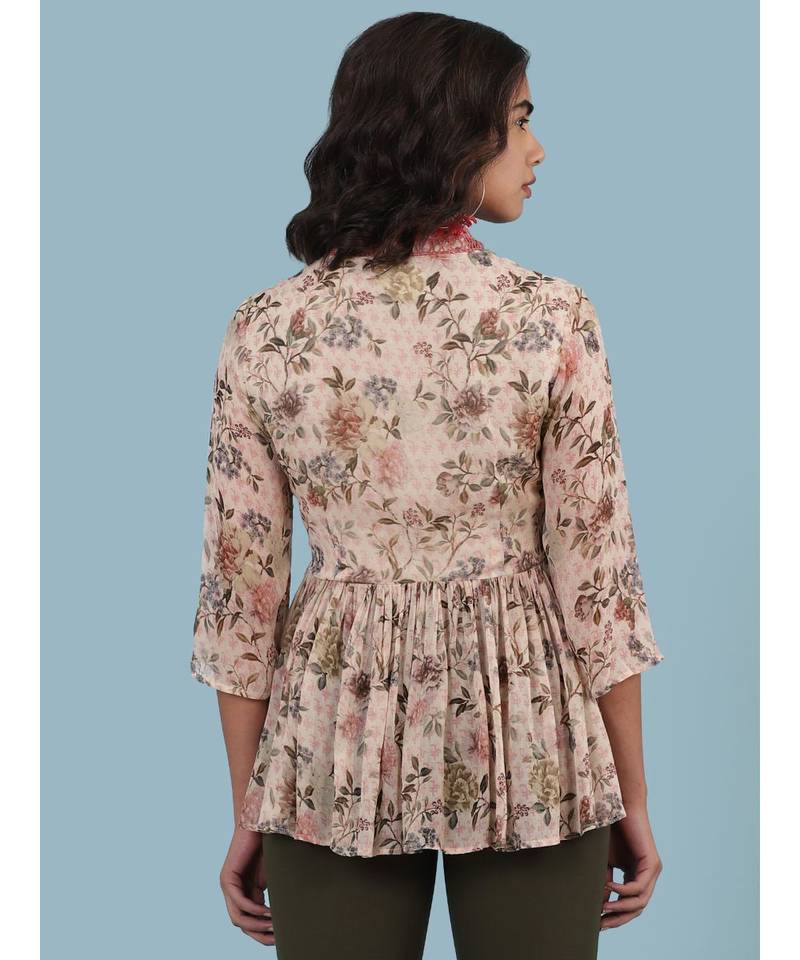 Baby Pink Floral Print 3/4 Sleeve Kurti