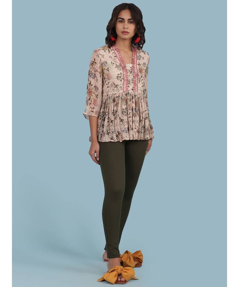 Baby Pink Floral Print 3/4 Sleeve Kurti