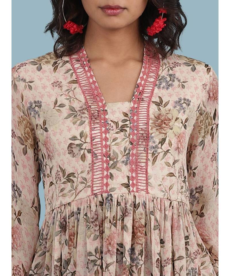 Baby Pink Floral Print 3/4 Sleeve Kurti