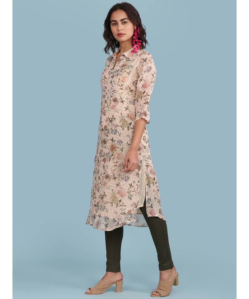Baby Pink Floral Print Short Sleeve Kurta