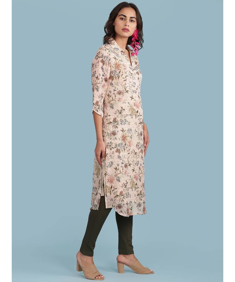 Baby Pink Floral Print Short Sleeve Kurta