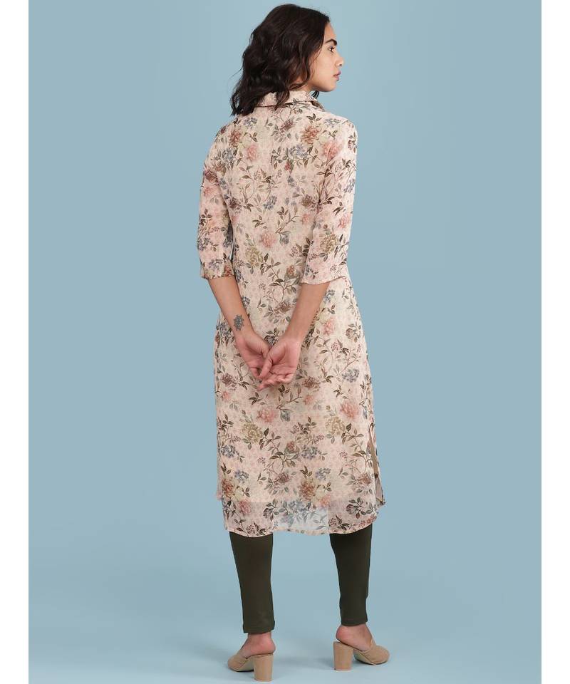 Baby Pink Floral Print Short Sleeve Kurta