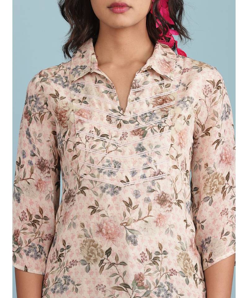 Baby Pink Floral Print Short Sleeve Kurta