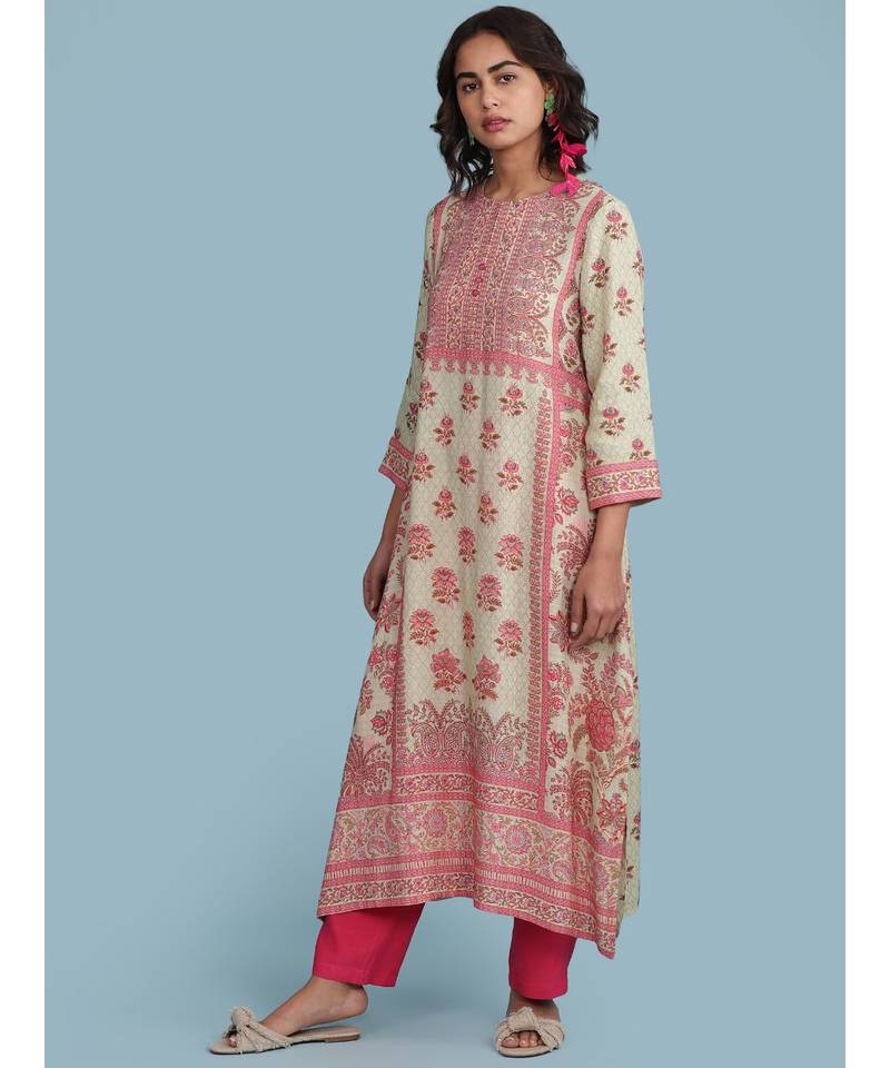 Green Floral Print 3/4 Sleeve Kurta