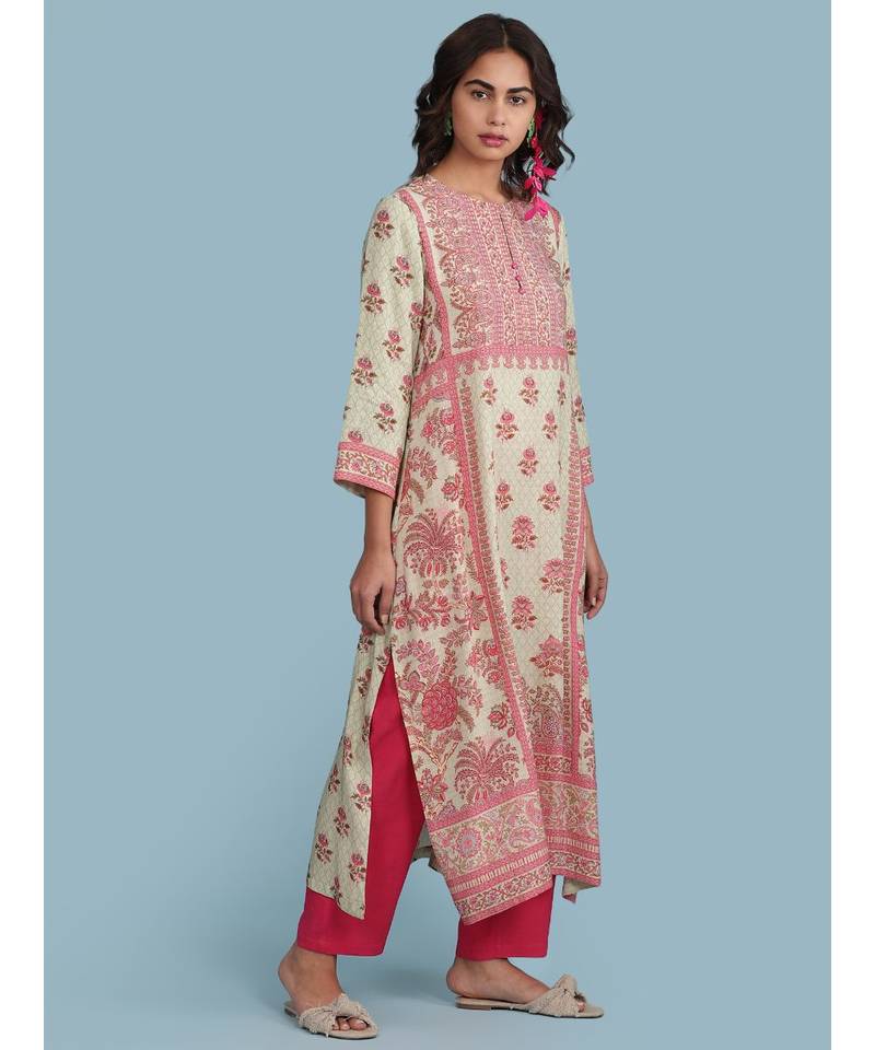 Green Floral Print 3/4 Sleeve Kurta