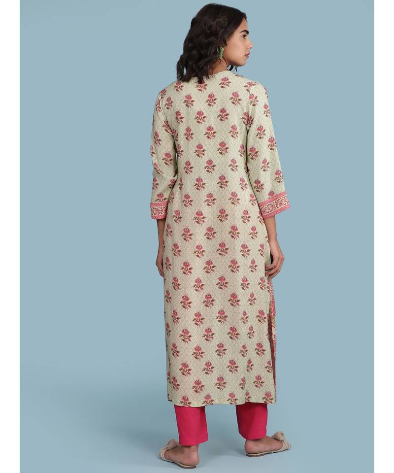 Green Floral Print 3/4 Sleeve Kurta