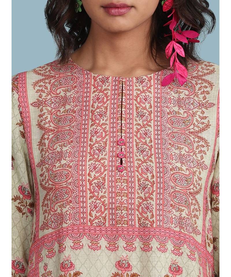 Green Floral Print 3/4 Sleeve Kurta