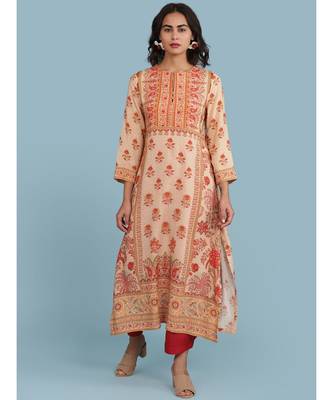 Peach Floral Print 3/4 Sleeve Kurta 1