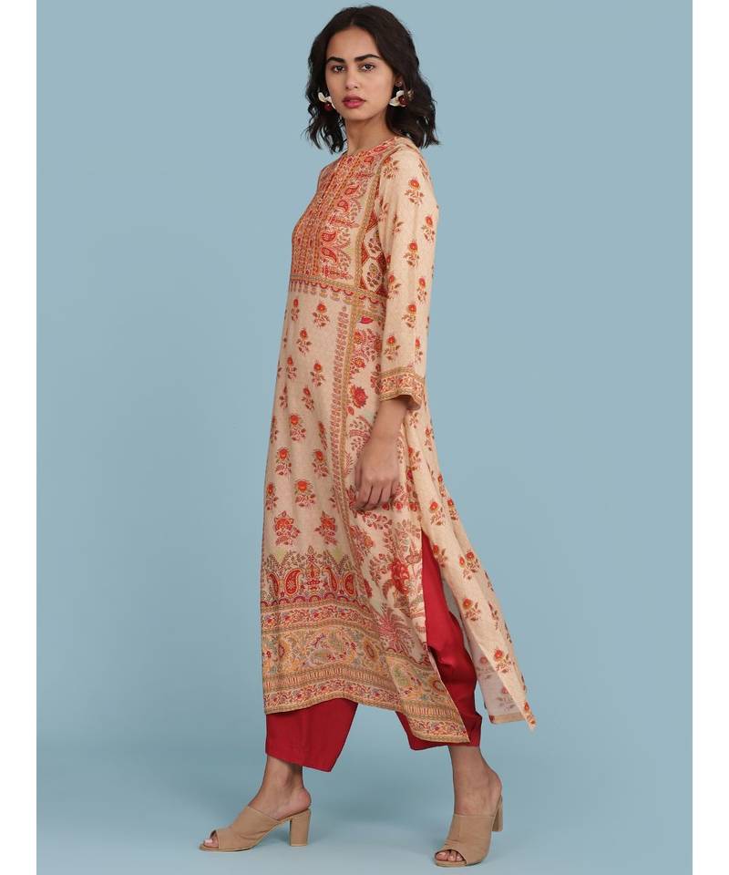 Peach Floral Print 3/4 Sleeve Kurta