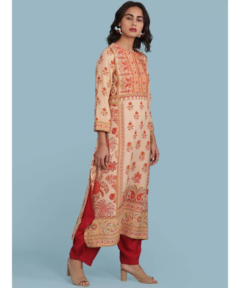 Peach Floral Print 3/4 Sleeve Kurta