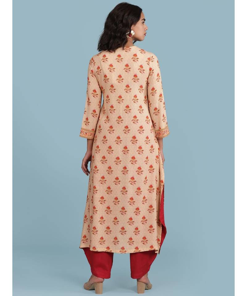Peach Floral Print 3/4 Sleeve Kurta