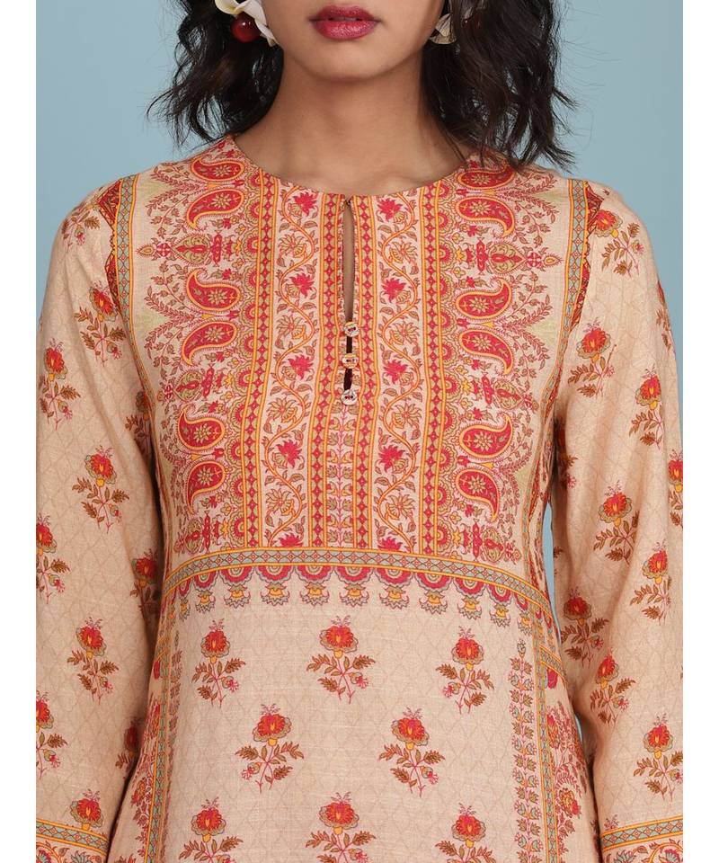 Peach Floral Print 3/4 Sleeve Kurta