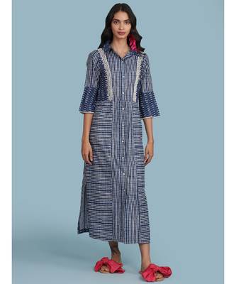 Blue Printed Cotton 3/4 Sleeve Kurta 1