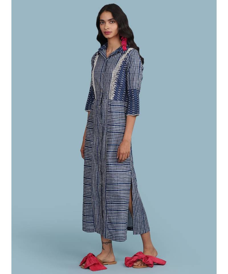 Blue Printed Cotton 3/4 Sleeve Kurta