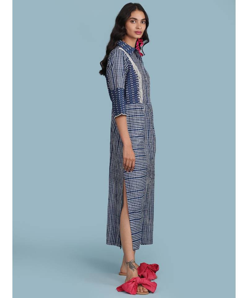 Blue Printed Cotton 3/4 Sleeve Kurta