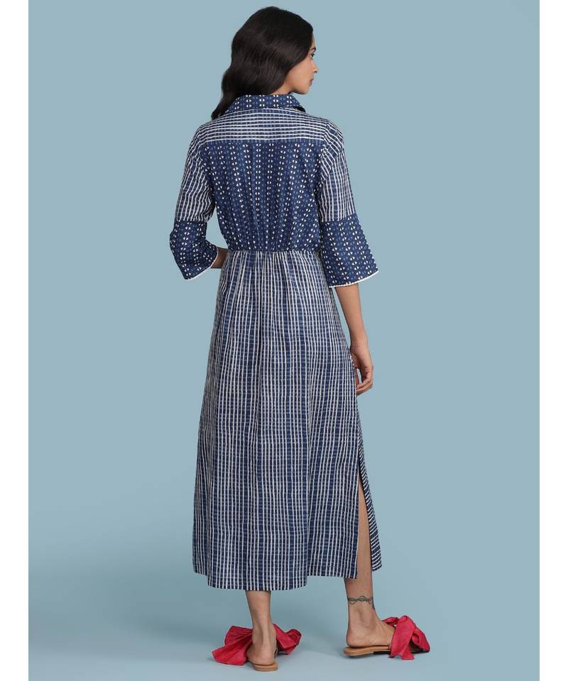 Blue Printed Cotton 3/4 Sleeve Kurta