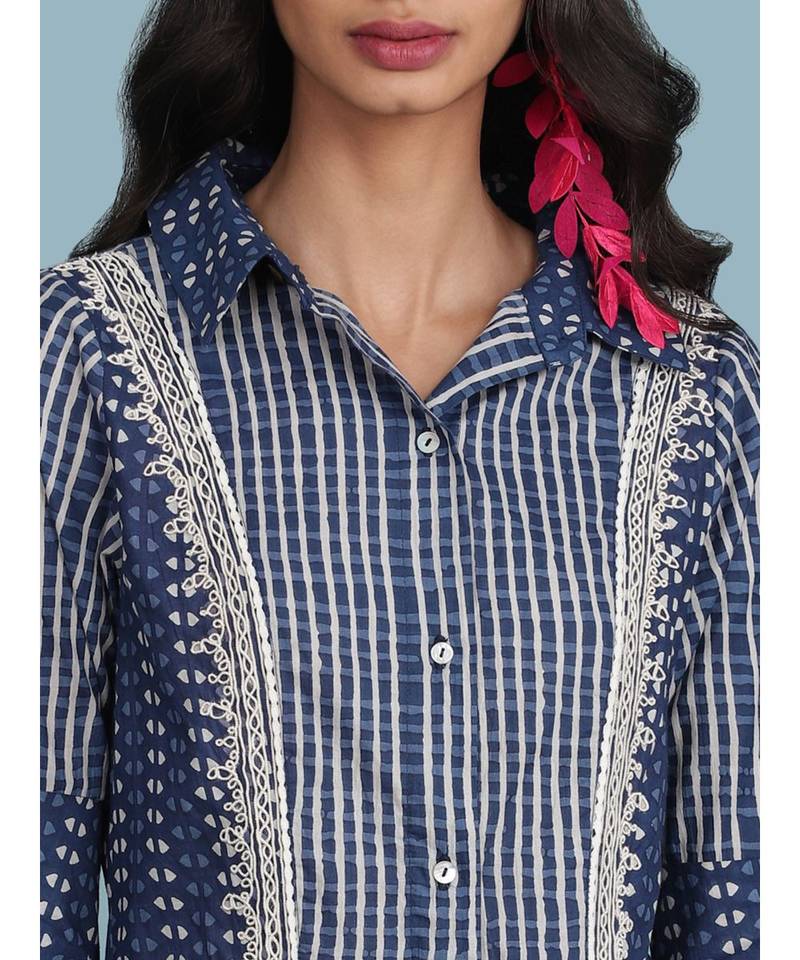 Blue Printed Cotton 3/4 Sleeve Kurta