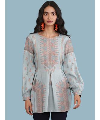 Sky Blue Printed Full Sleeve Kurti 1