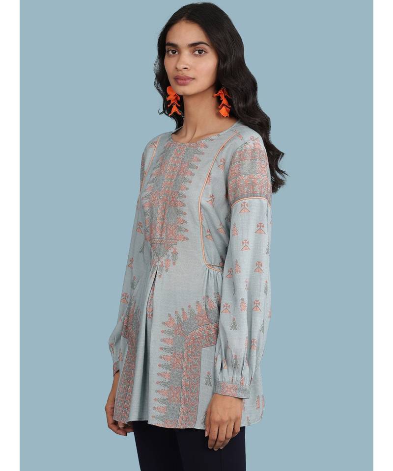 Sky Blue Printed Full Sleeve Kurti