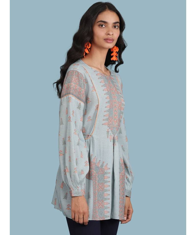 Sky Blue Printed Full Sleeve Kurti