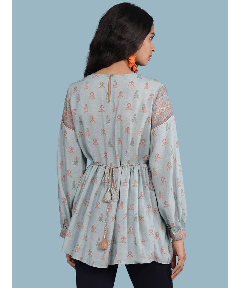 Sky Blue Printed Full Sleeve Kurti