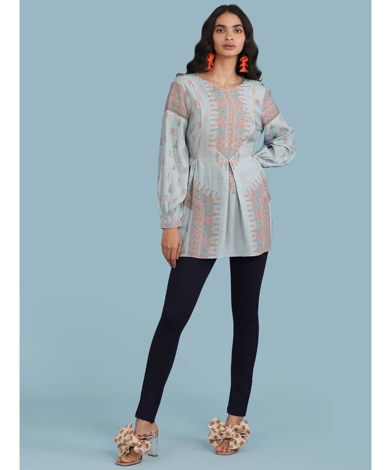 Sky Blue Printed Full Sleeve Kurti