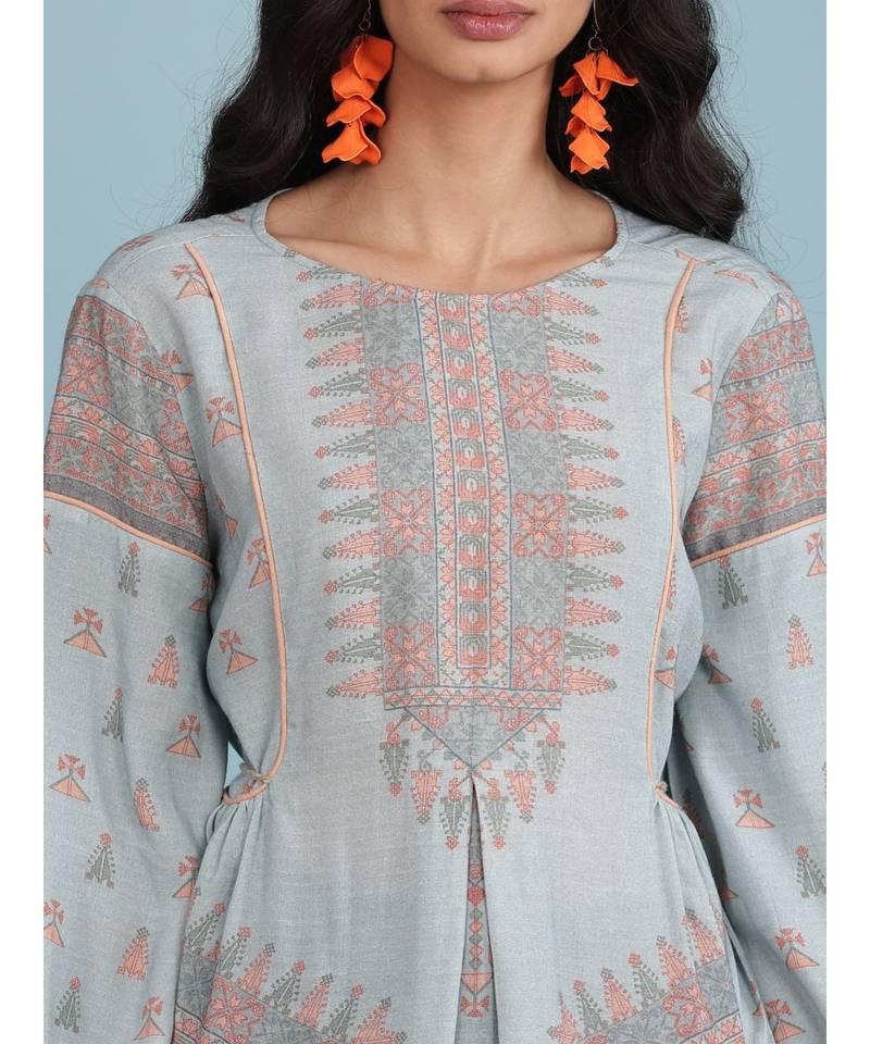 Sky Blue Printed Full Sleeve Kurti