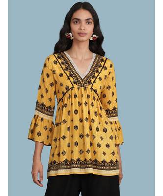 Yellow Printed 3/4 Sleeve Kurti 1