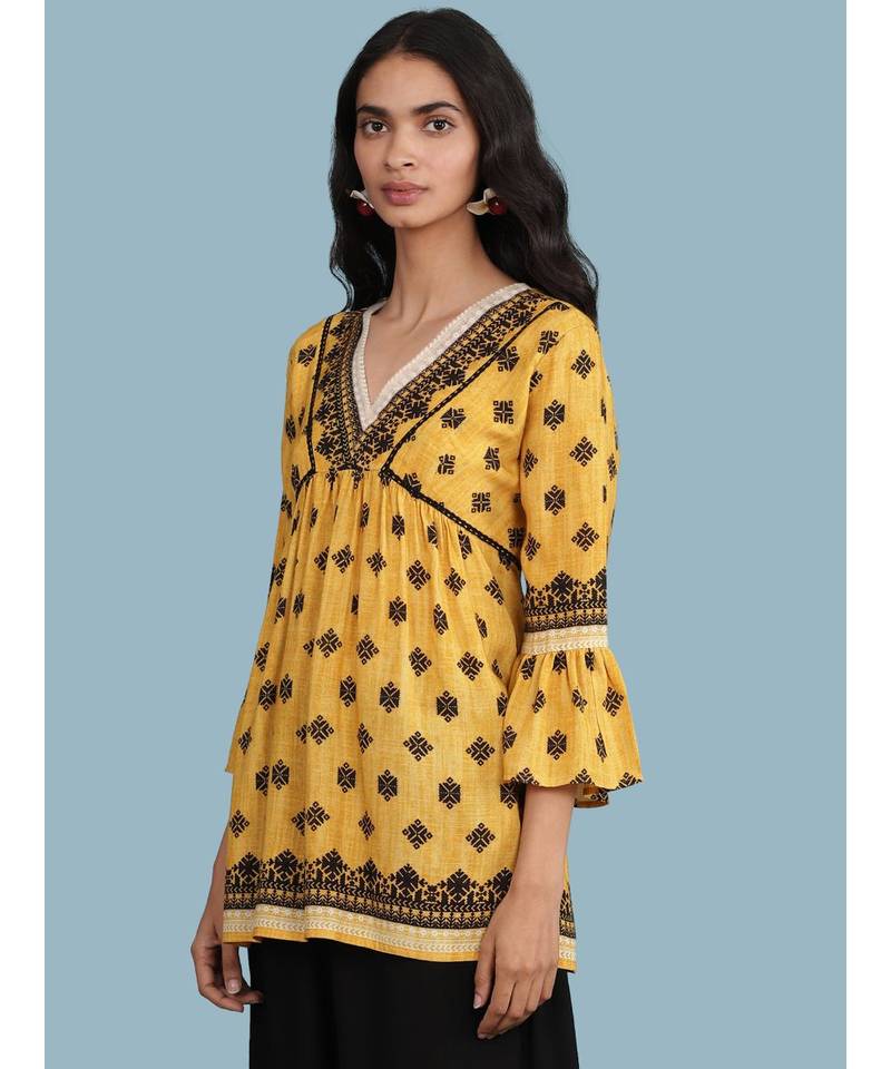 Yellow Printed 3/4 Sleeve Kurti