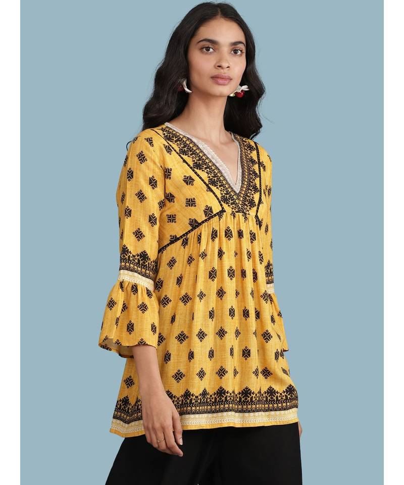 Yellow Printed 3/4 Sleeve Kurti