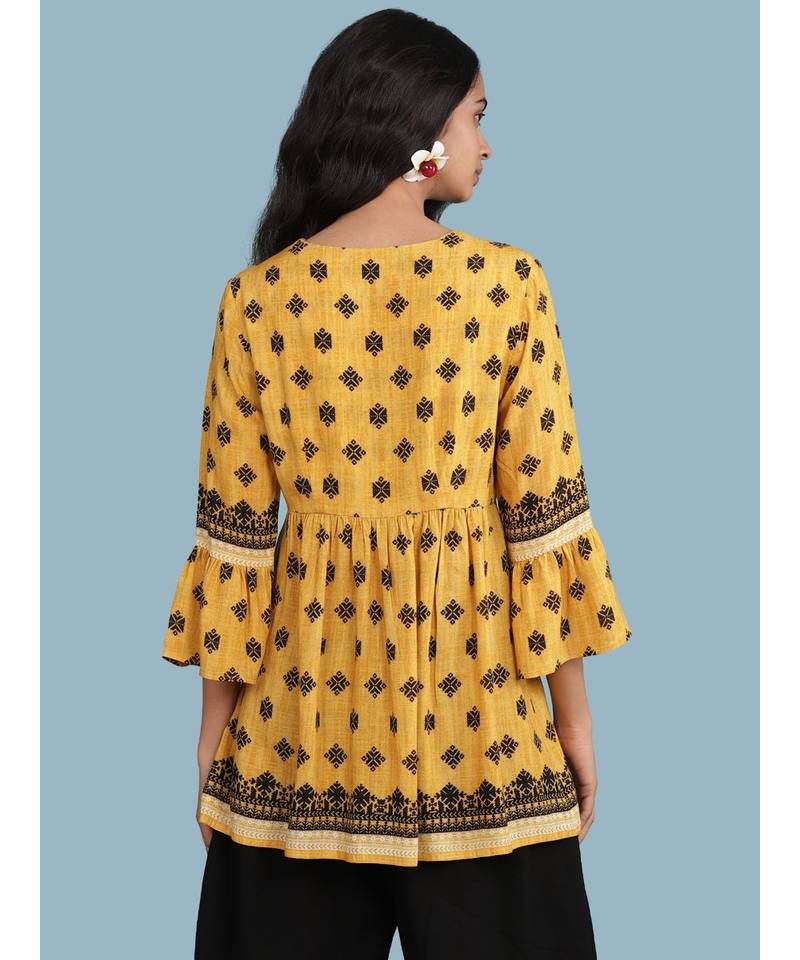 Yellow Printed 3/4 Sleeve Kurti