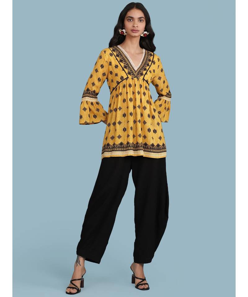 Yellow Printed 3/4 Sleeve Kurti