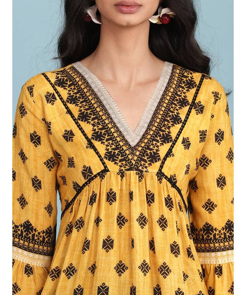 Yellow Printed 3/4 Sleeve Kurti