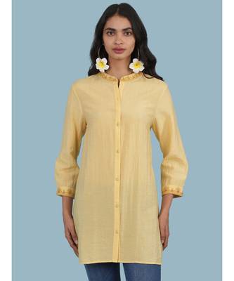 Yellow Embroidered Band Collar 3/4 Sleeve Kurta 1