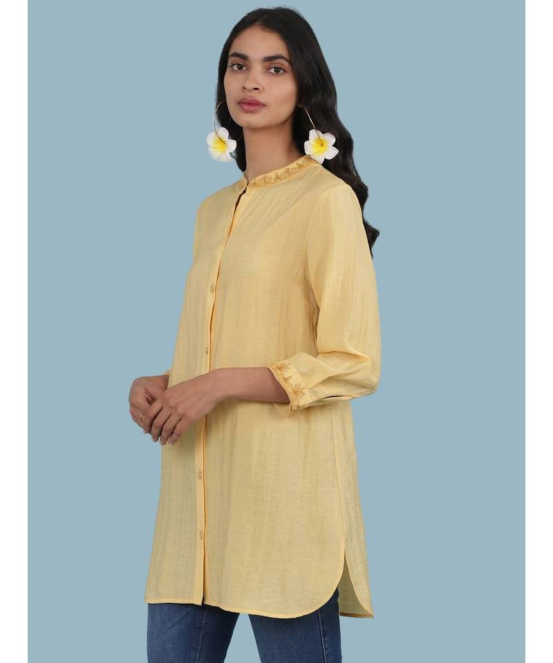 Yellow Embroidered Band Collar 3/4 Sleeve Kurta