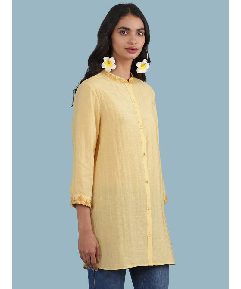 Yellow Embroidered Band Collar 3/4 Sleeve Kurta