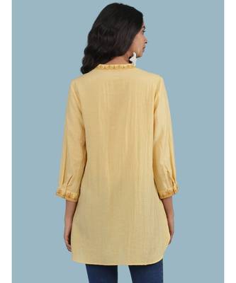 Yellow Embroidered Band Collar 3/4 Sleeve Kurta 4
