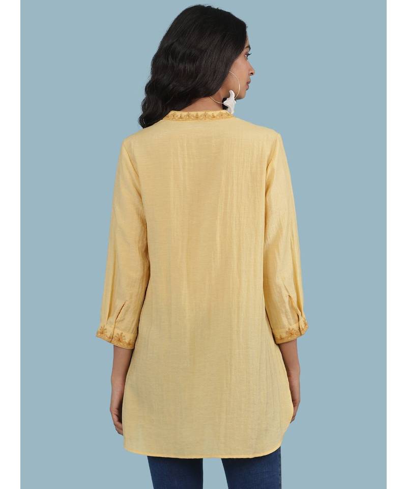 Yellow Embroidered Band Collar 3/4 Sleeve Kurta