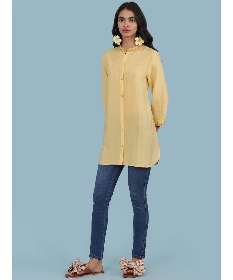 Yellow Embroidered Band Collar 3/4 Sleeve Kurta