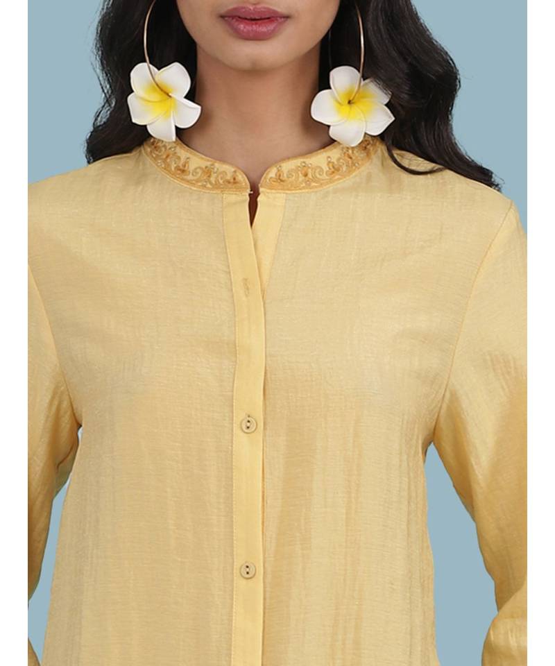 Yellow Embroidered Band Collar 3/4 Sleeve Kurta