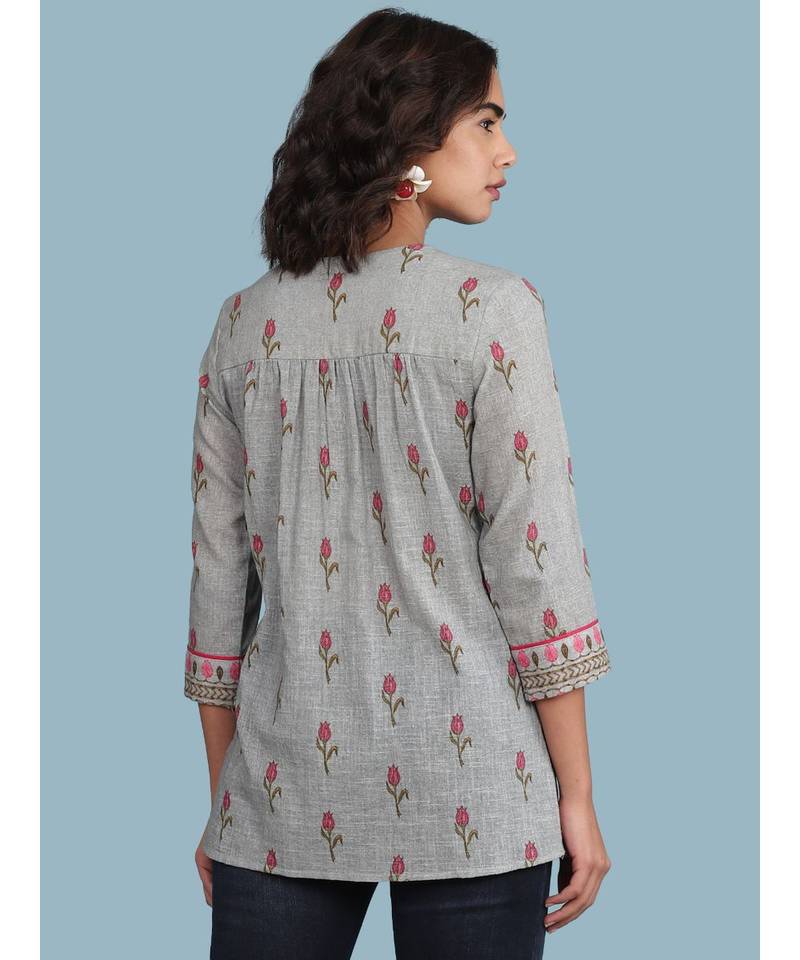 Grey Floral Print Cotton 3/4 Sleeve Kurti
