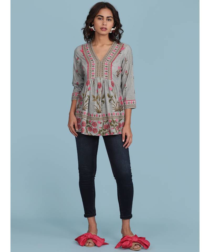 Grey Floral Print Cotton 3/4 Sleeve Kurti